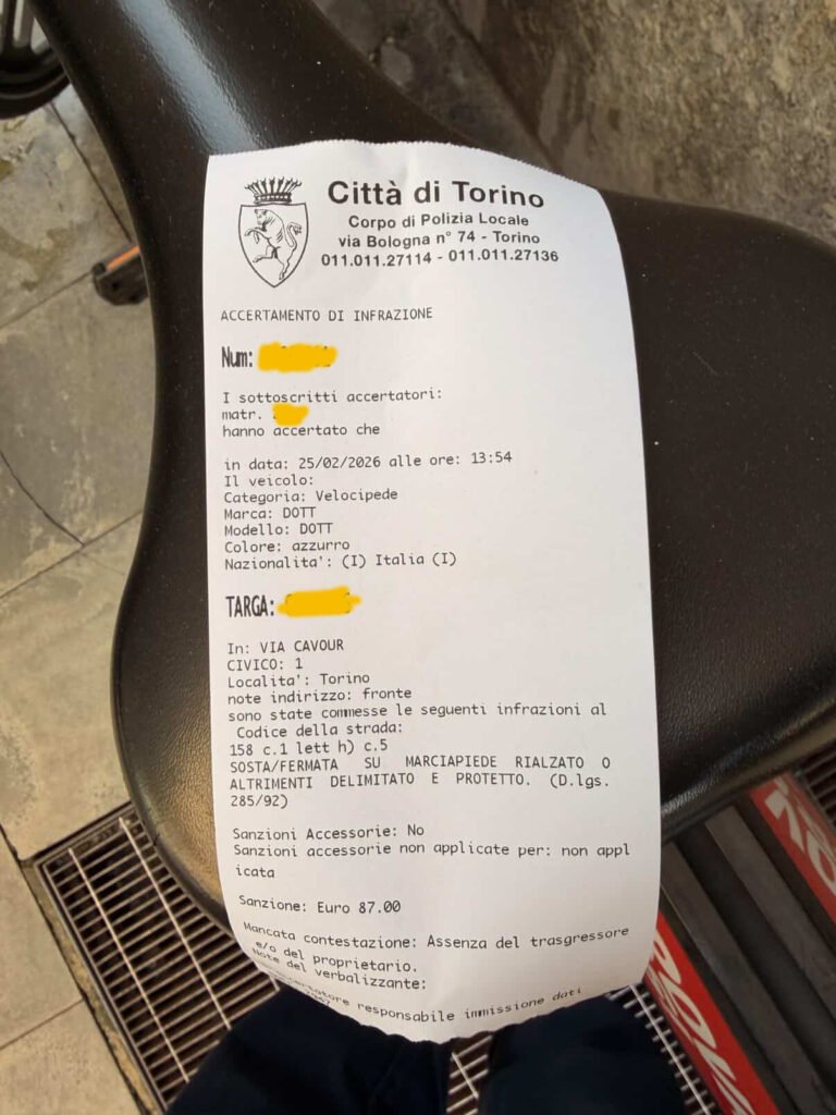 Multa bicicletta sharing dott comune di torino