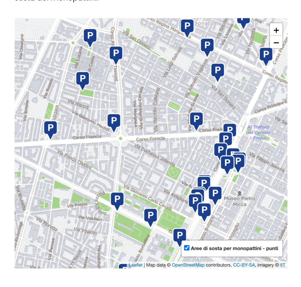 mappa parcheggi con segnaletica orizzontale parcheggi mezzi sharing torino